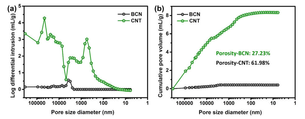Fig. 2. Differential pore size distribution (a) and cumulative ...